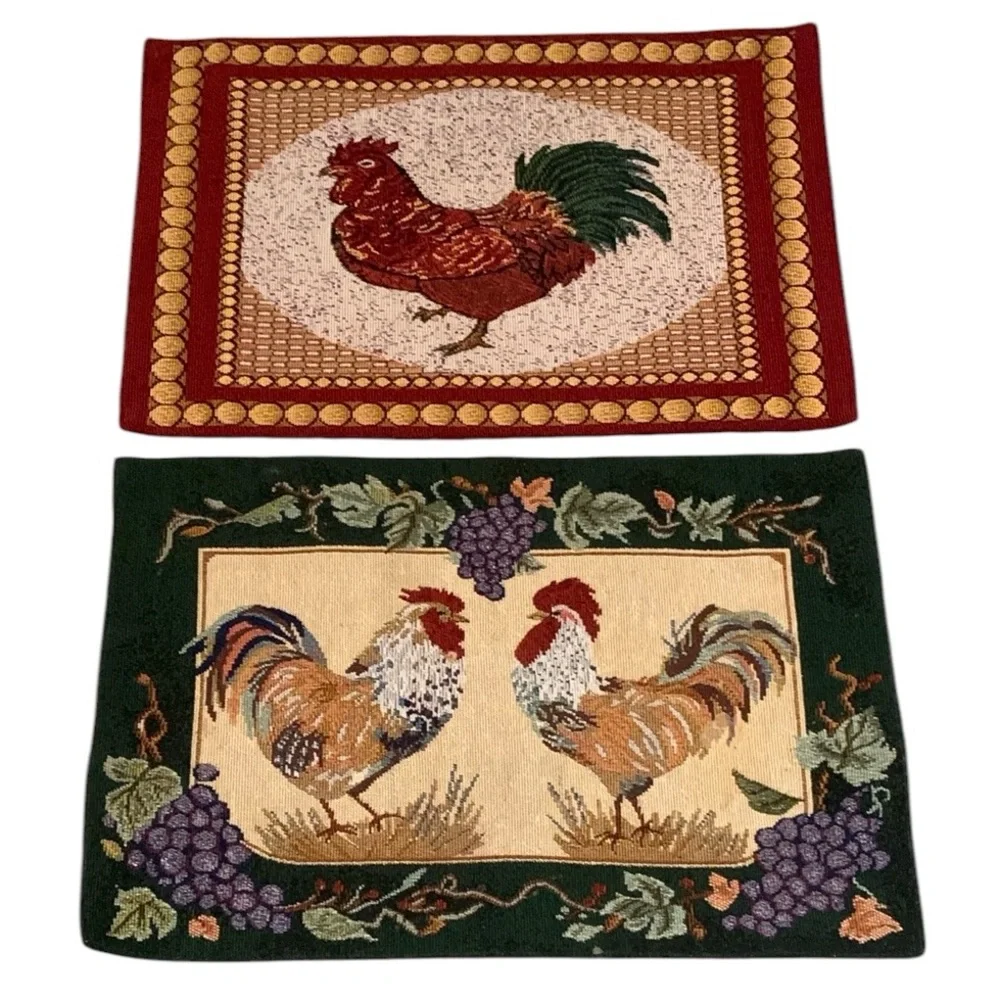 Rooster Woven Tapestry Two Placemats Red Green Farm Farmhouse Chickens